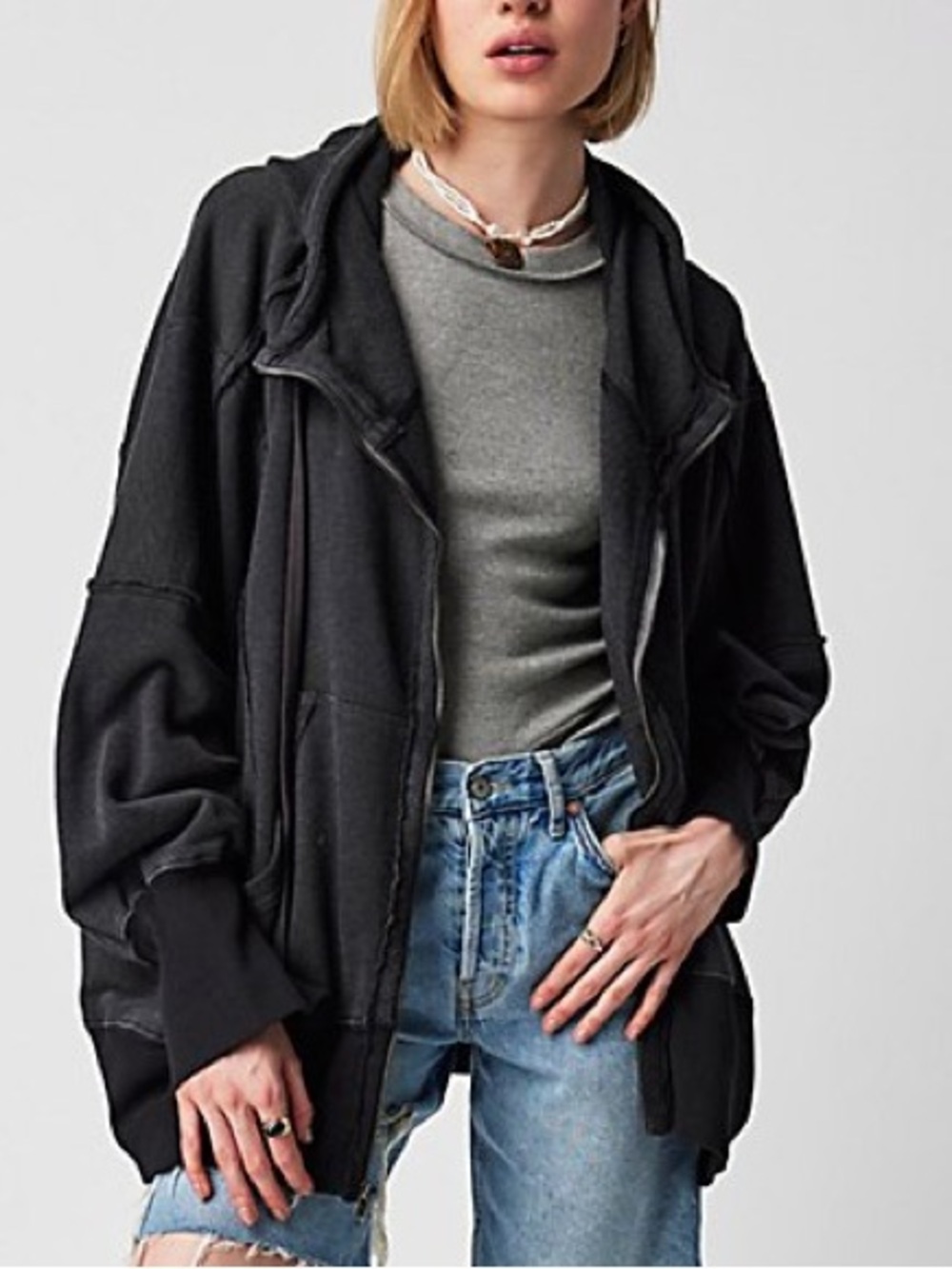 We The Free Oversized Black Camden Zip Hoodie Jacket $98